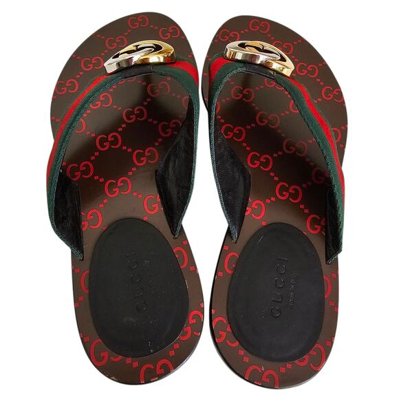 Gucci GG Kika Web Stripe Flat Thong Sandal Flip Flop Red Green Brown Size 37 US7 - Picture 3 of 8